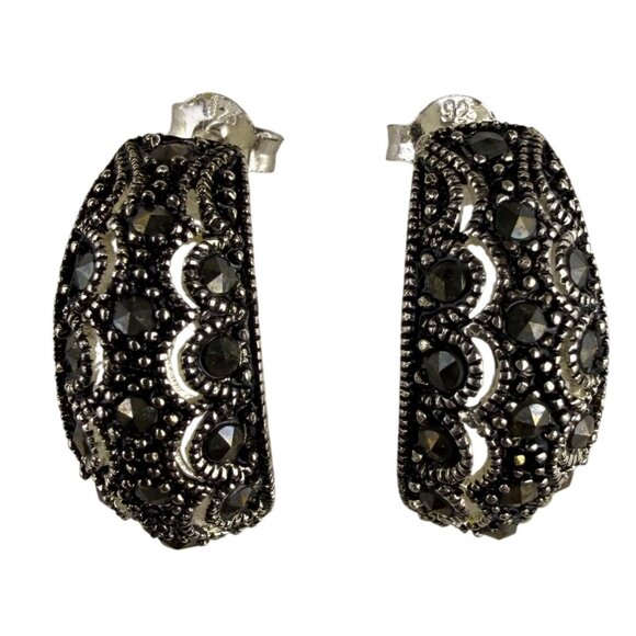 Vintage 925 Sterling Silver Womens Black Marcasite Textured Hoop Earrings - Picture 1 of 5